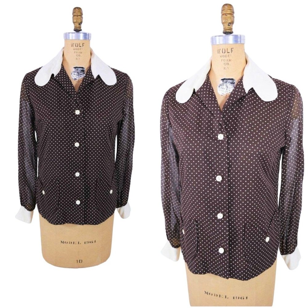 Vintage 1960s Brown Polka Dot Top Sheer Sleeve Blouse | B 39"